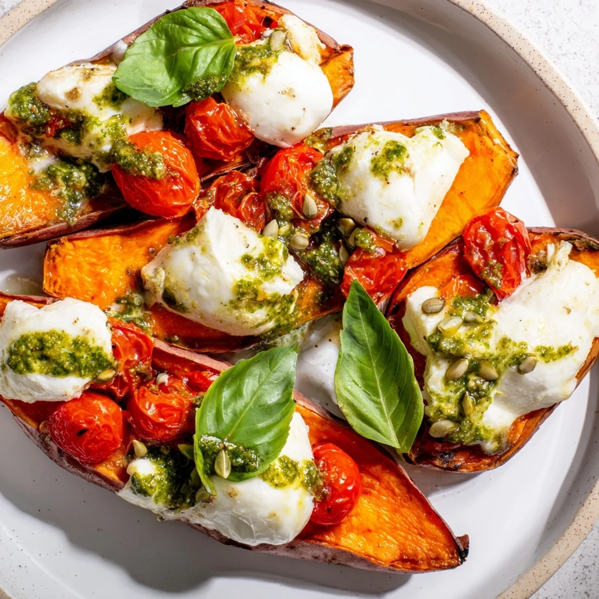 Golden roasted sweet potatoes topped with tomatoes, mozzarella, and glistening green pesto