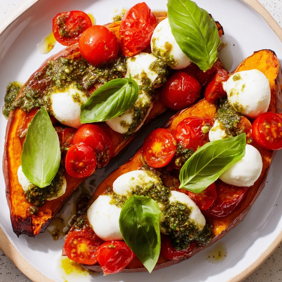 Summer sweet potatoes with tomatoes mozzarella pesto served on a rustic white plate
