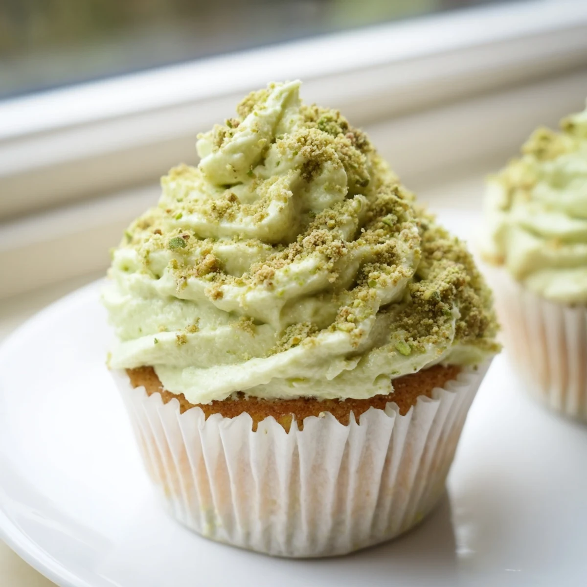 Soft pistachio cupcakes with creamy green buttercream frosting piped high on top