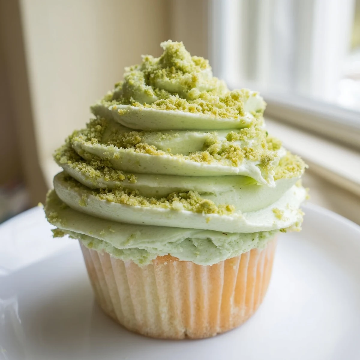 Moist pistachio cupcakes topped with velvety buttercream and sprinkled chopped nuts