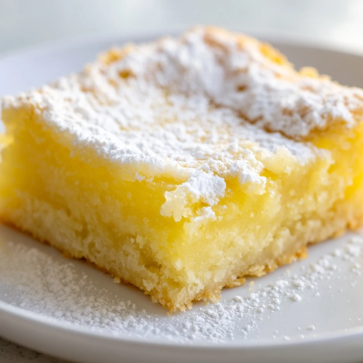 Golden Lemon Gooey Butter Cake squares dusted with powdered sugar on a white ceramic plate