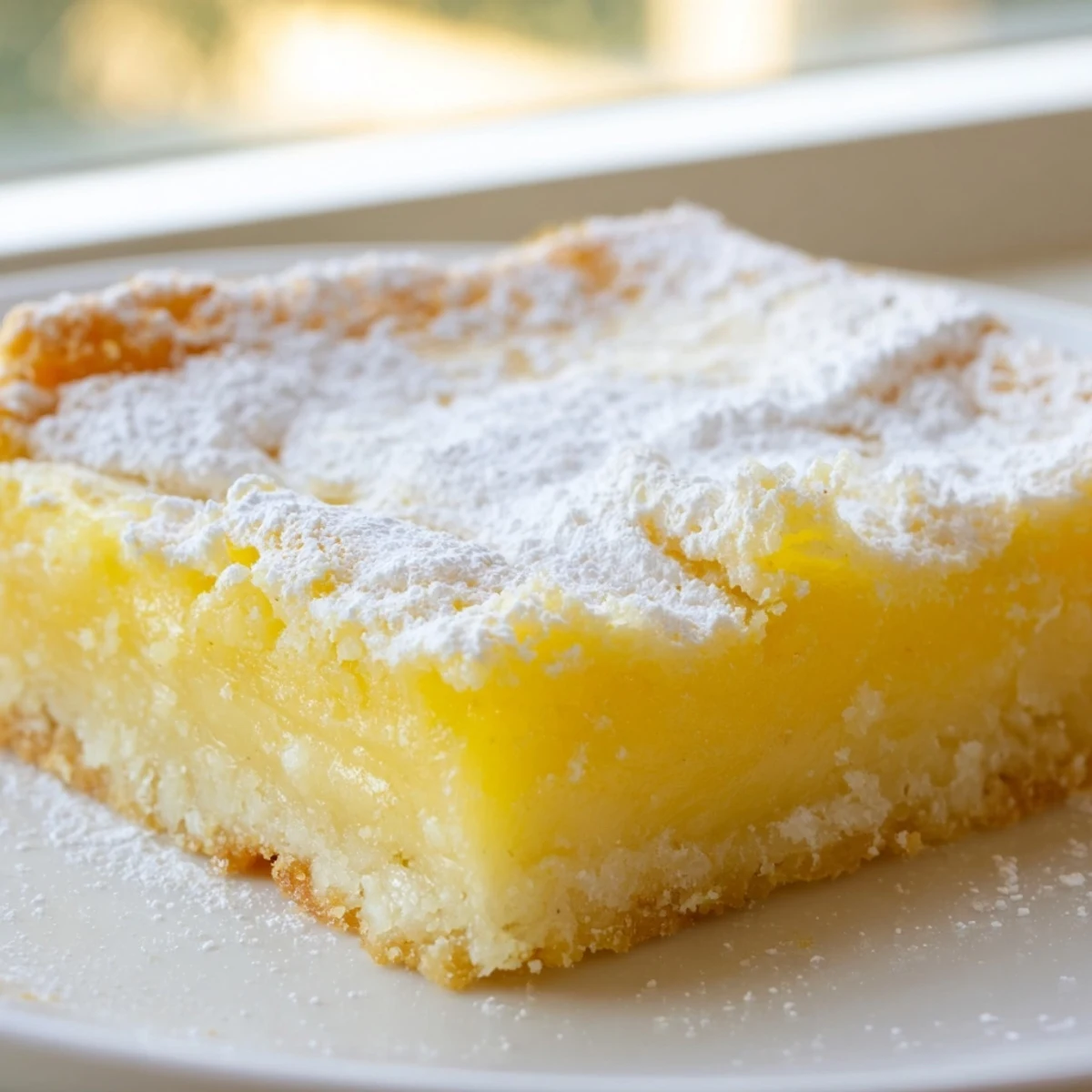 Creamy Lemon Gooey Butter Cake with glossy custard topping fresh from the oven pan