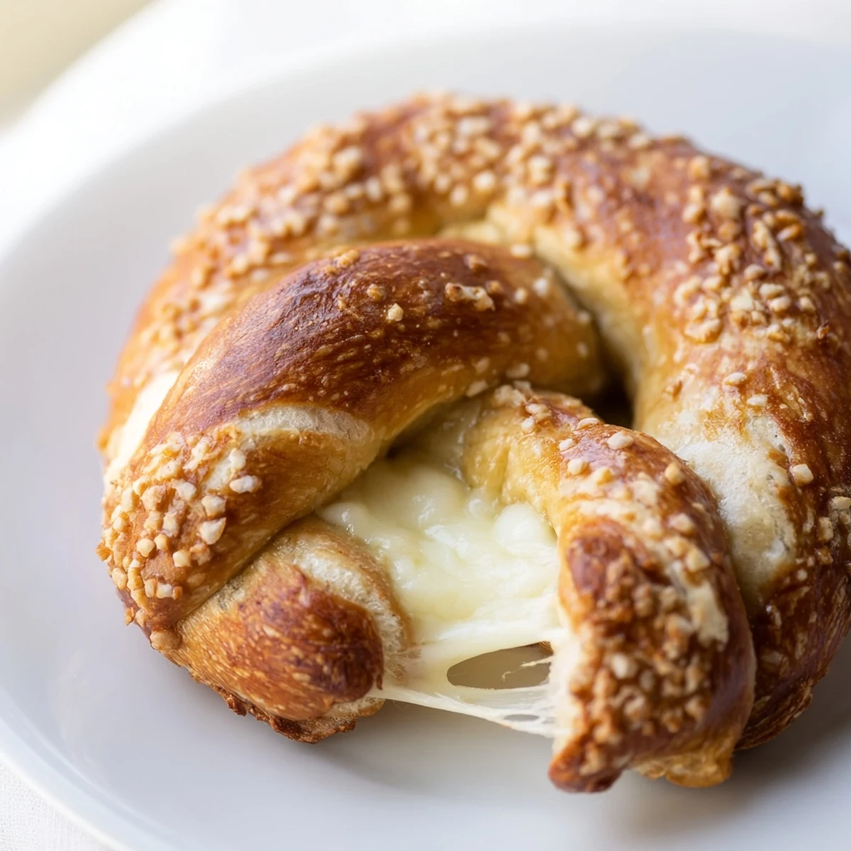 Golden mozzarella stuffed soft pretzels with melted cheese oozing from every bite served warm