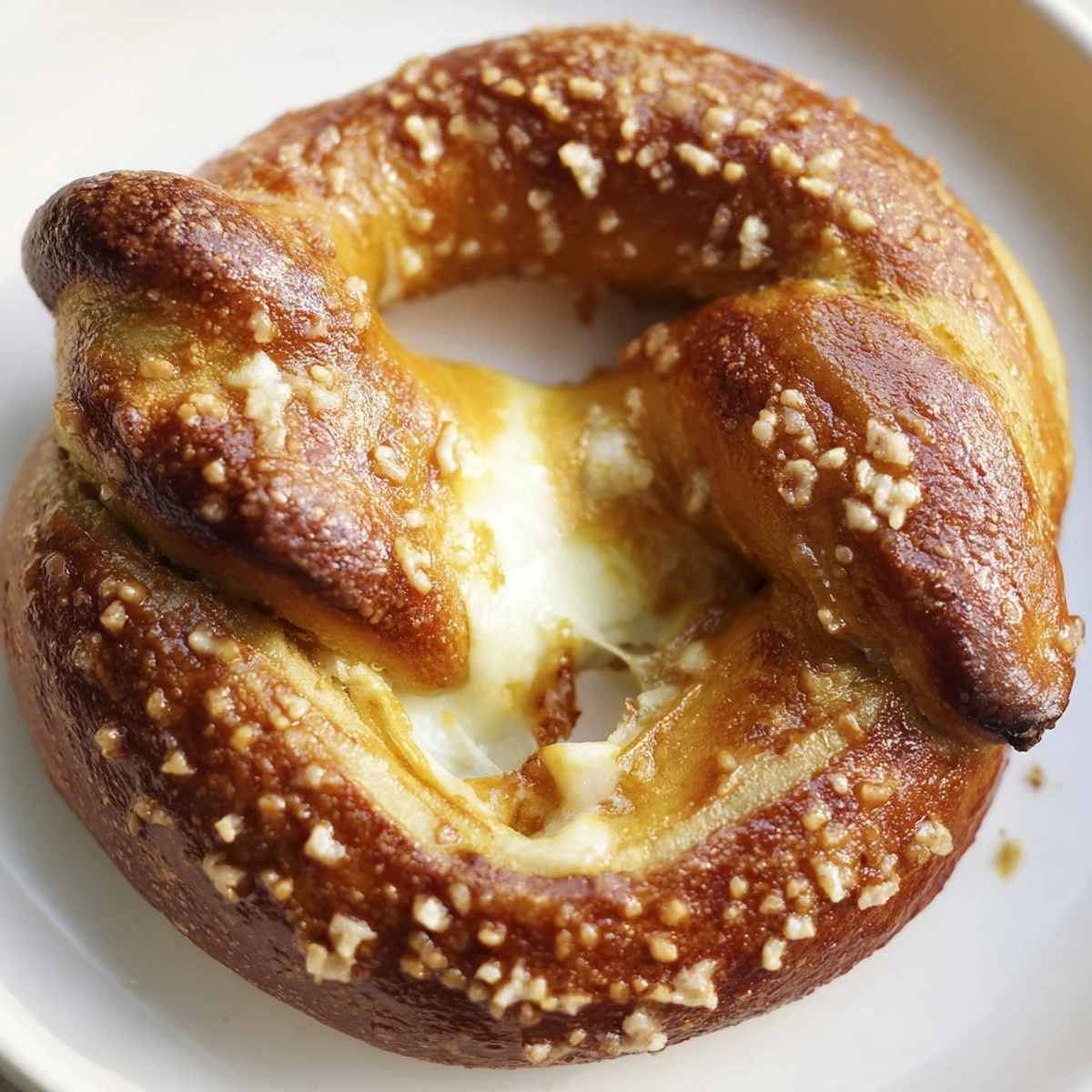 Warm mozzarella stuffed soft pretzels sprinkled with coarse salt on a parchment lined baking sheet