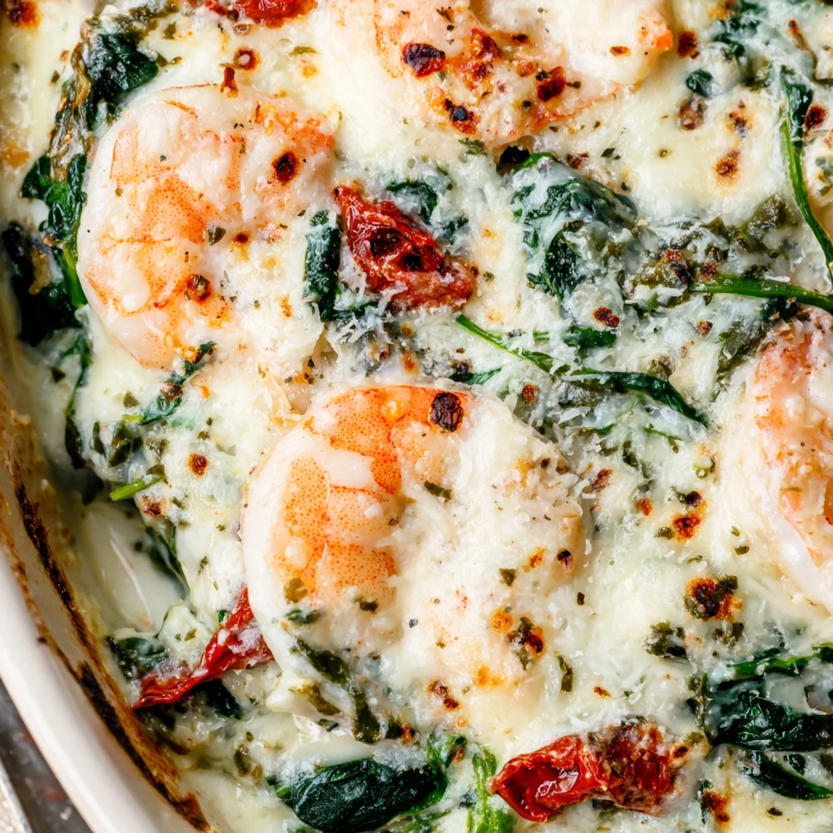 Creamy Low Carb Shrimp Tuscan Bake with melted mozzarella bubbling in a rustic ceramic dish