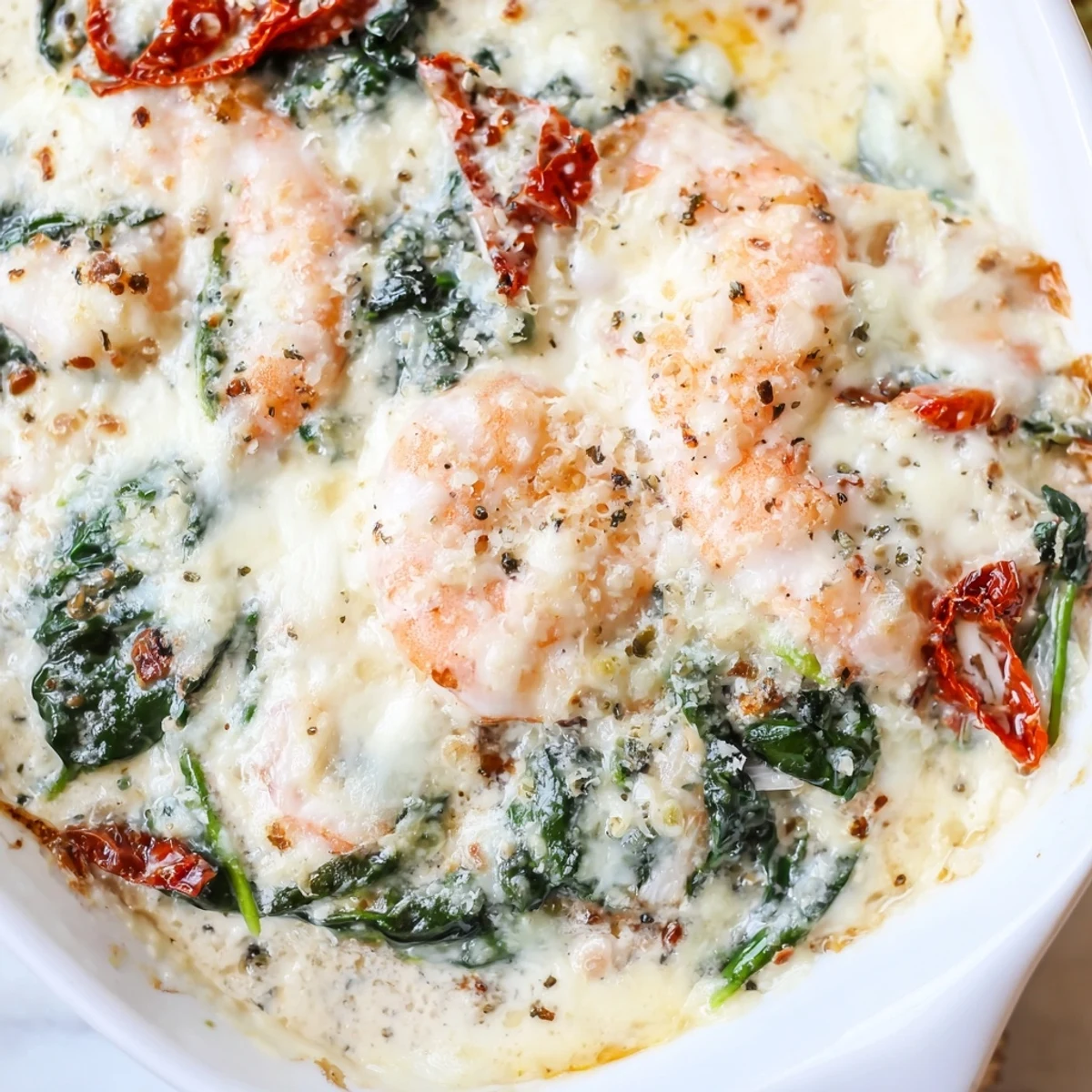 Golden cheesy Low Carb Shrimp Tuscan Bake studded with sun-dried tomatoes and tender spinach