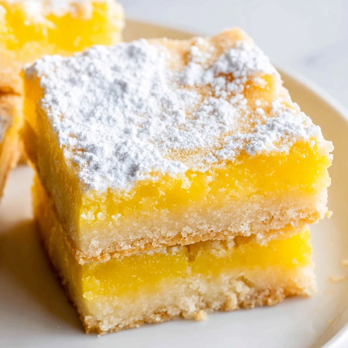 Freshly baked lemon bar squares with buttery shortbread crust and snowy powdered sugar topping