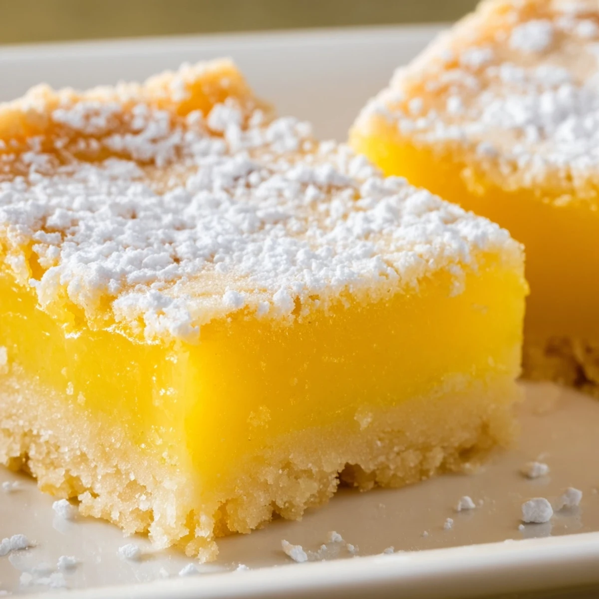 Golden lemon bars with powdered sugar dusting on a rustic white serving plate