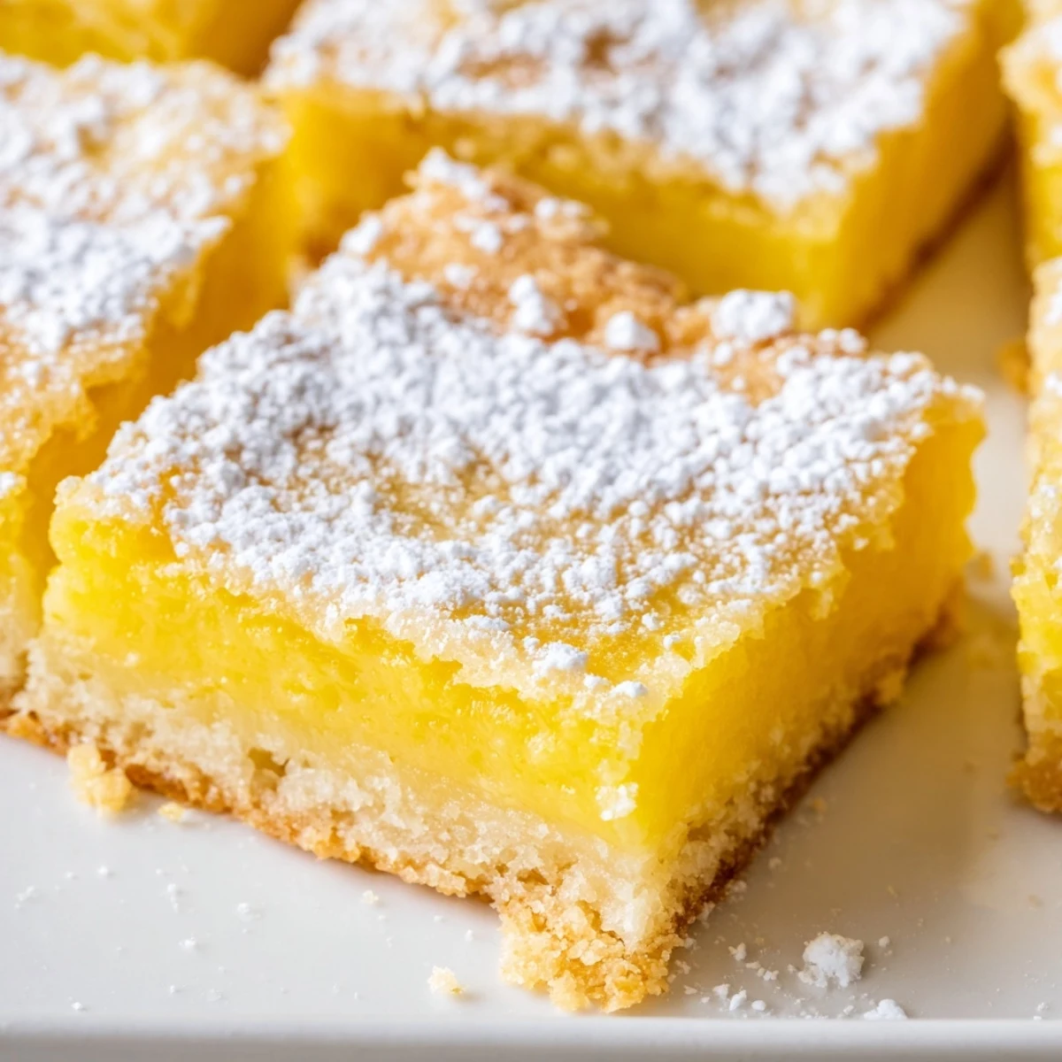 Tangy lemon bars sliced into neat squares showing off their vibrant yellow filling