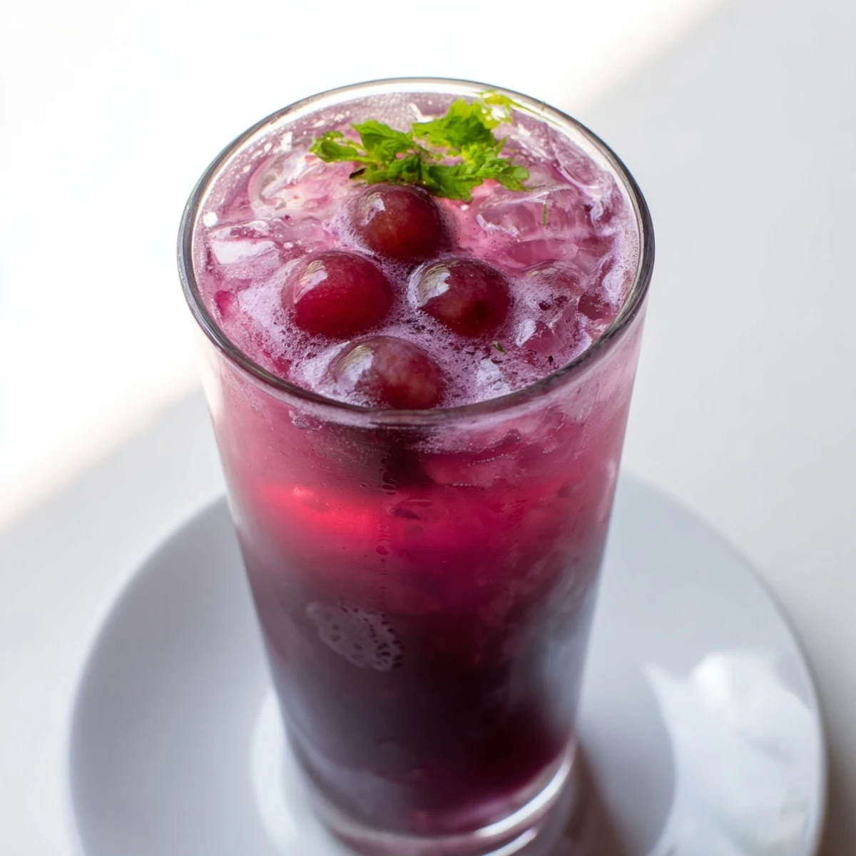 Pitcher of purple grape agua fresca served over ice with fresh mint garnish