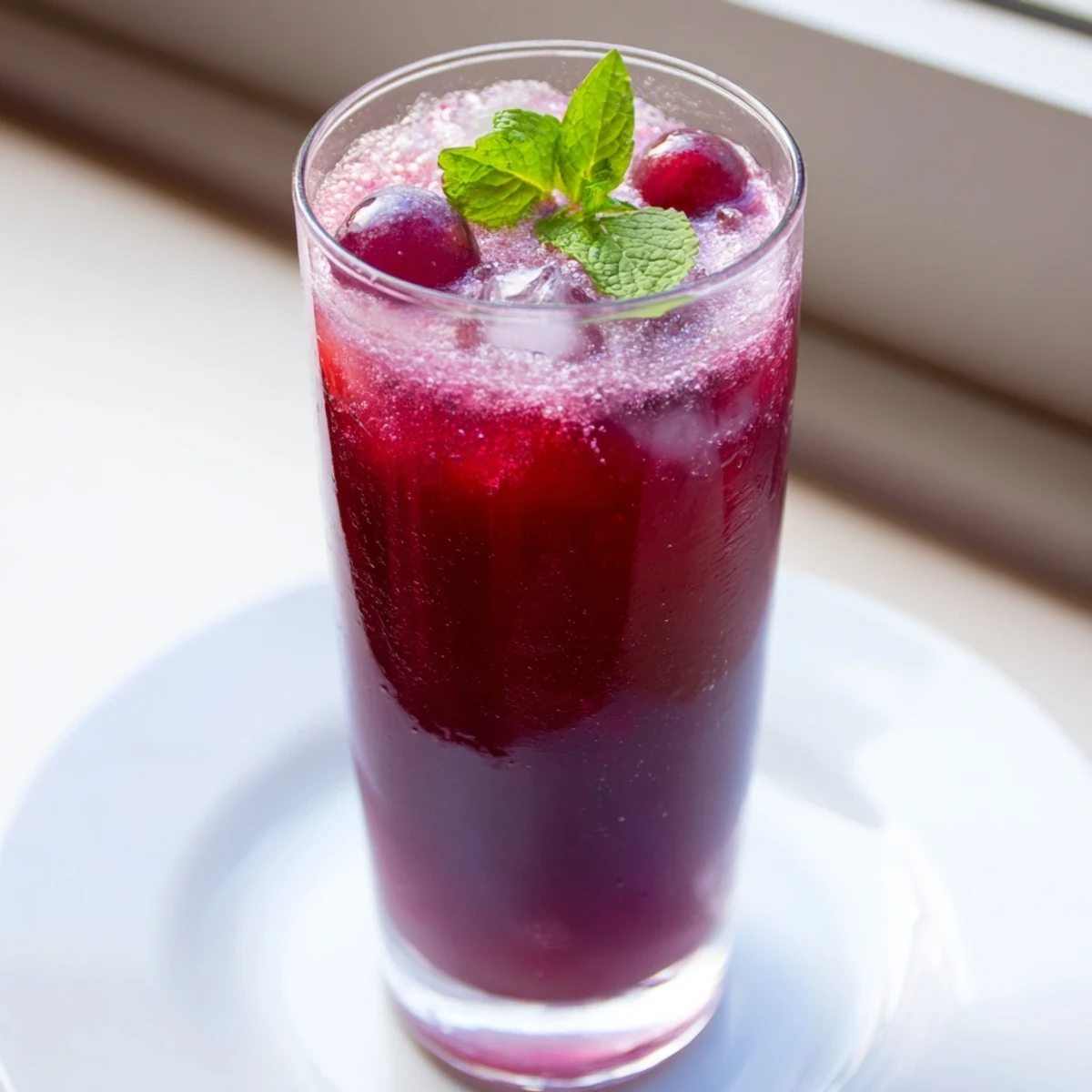 Refreshing grape agua fresca in tall glasses topped with whole grapes and ice