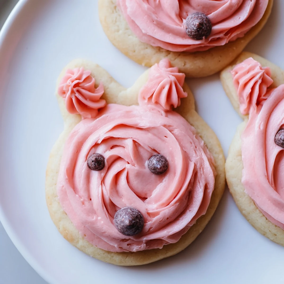 Adorable Buttercream Bunny Cookies with swirled pastel frosting on a rustic white serving tray