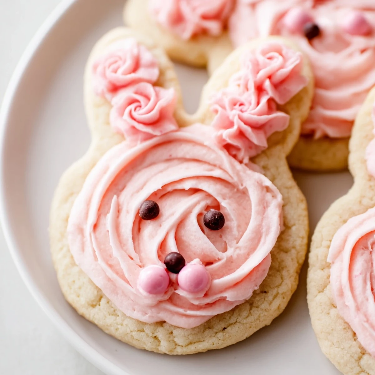 Soft bunny-shaped sugar cookies topped with fluffy pink buttercream frosting and candy eyes