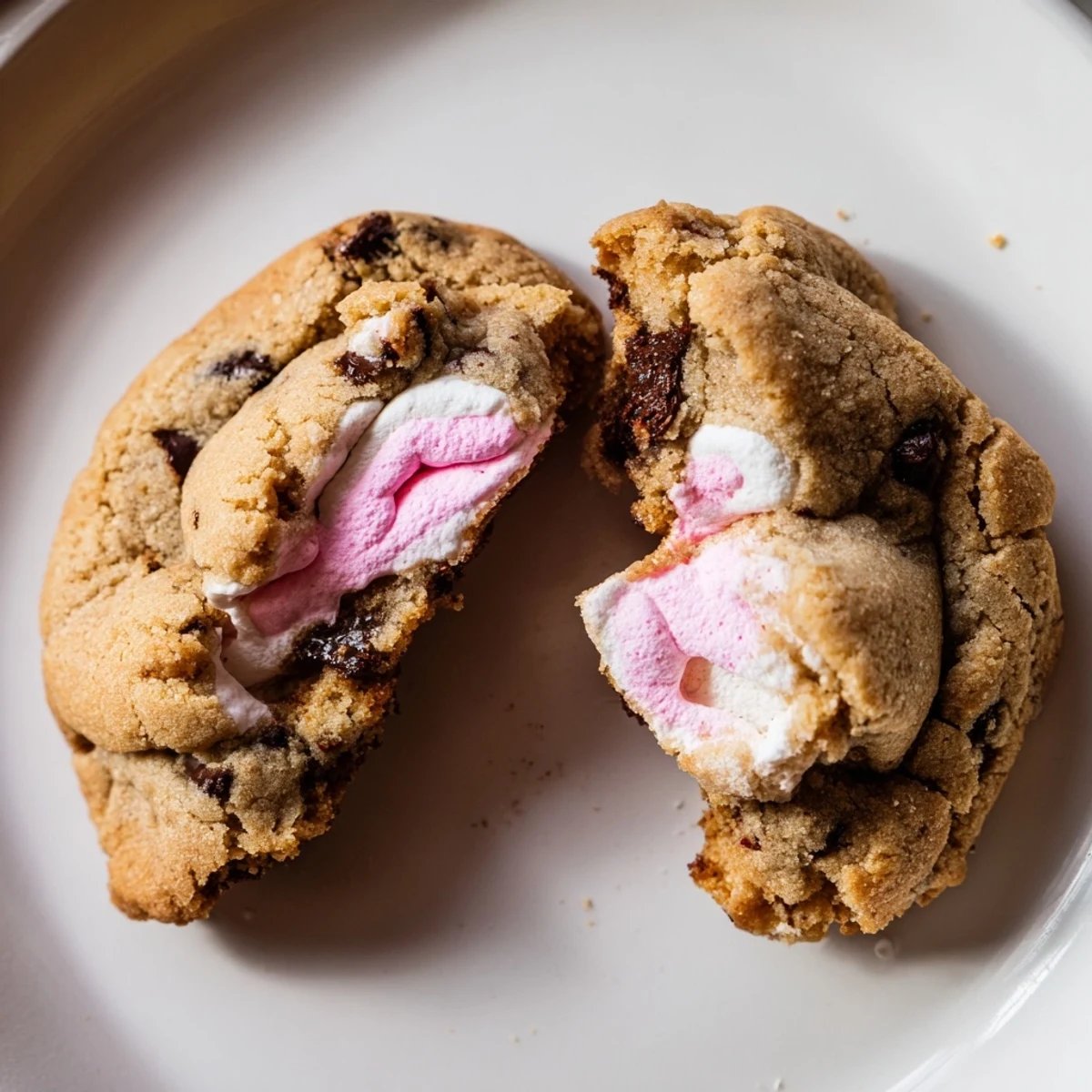 Gooey chocolate chip Peep stuffed Easter cookies with colorful melted marshmallow centers on a baking sheet