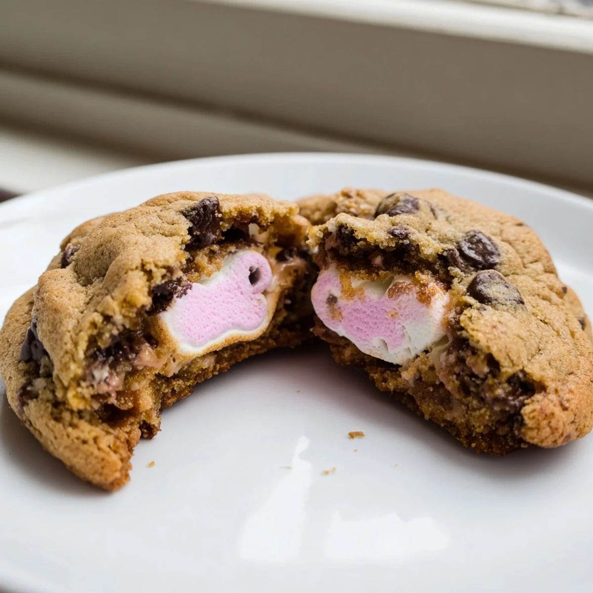 Golden chocolate chip Peep stuffed Easter cookies revealing a bright pink marshmallow surprise inside