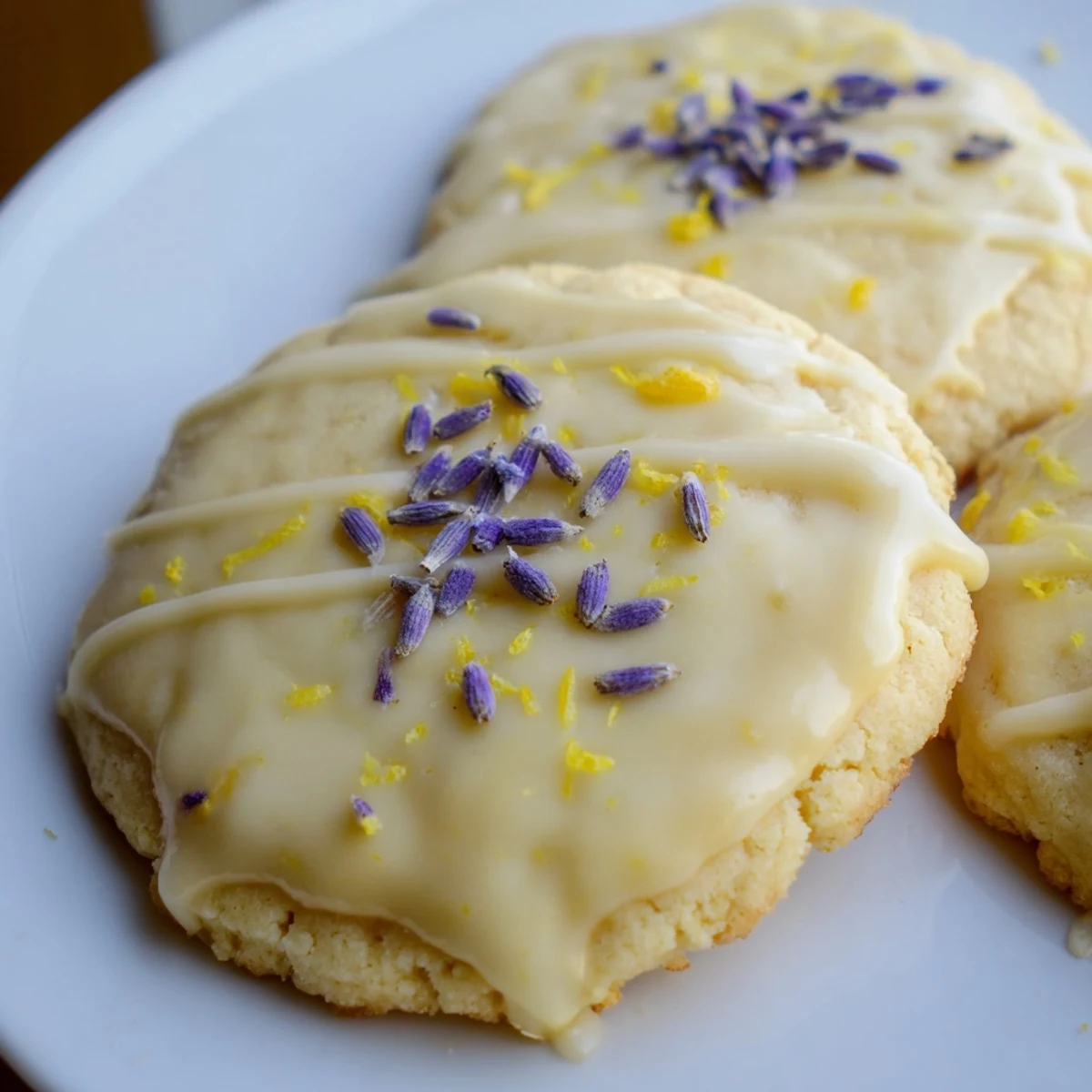 Iced lemon lavender shortbread cookies drizzled with sweet glaze on a rustic white plate
