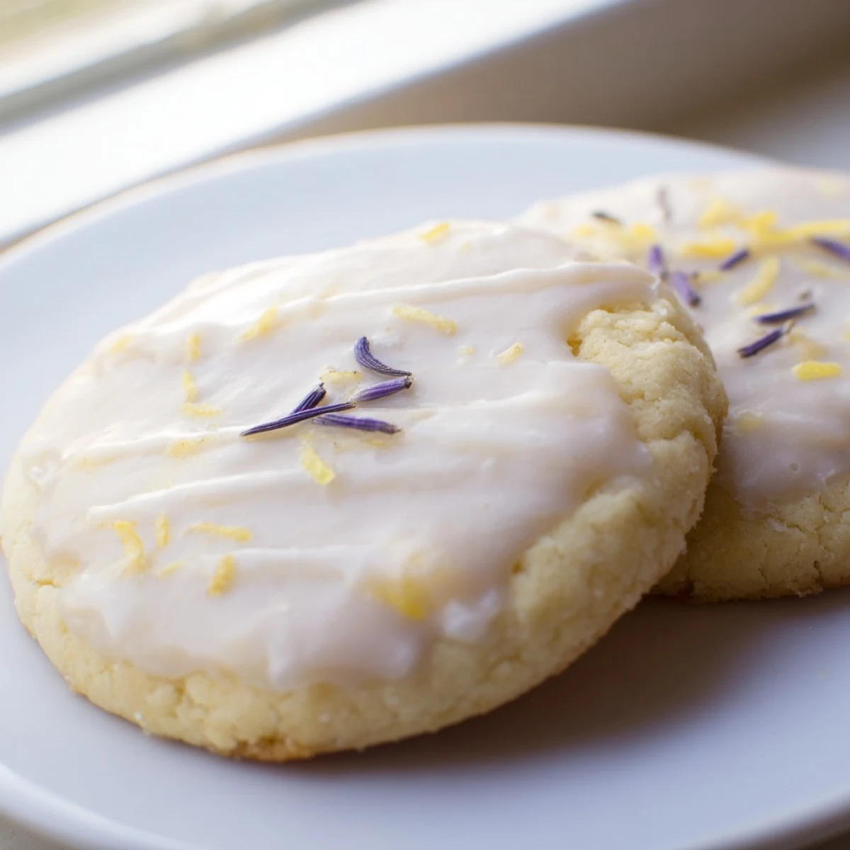 Buttery iced lemon lavender shortbread cookies with golden edges and fragrant purple lavender garnish