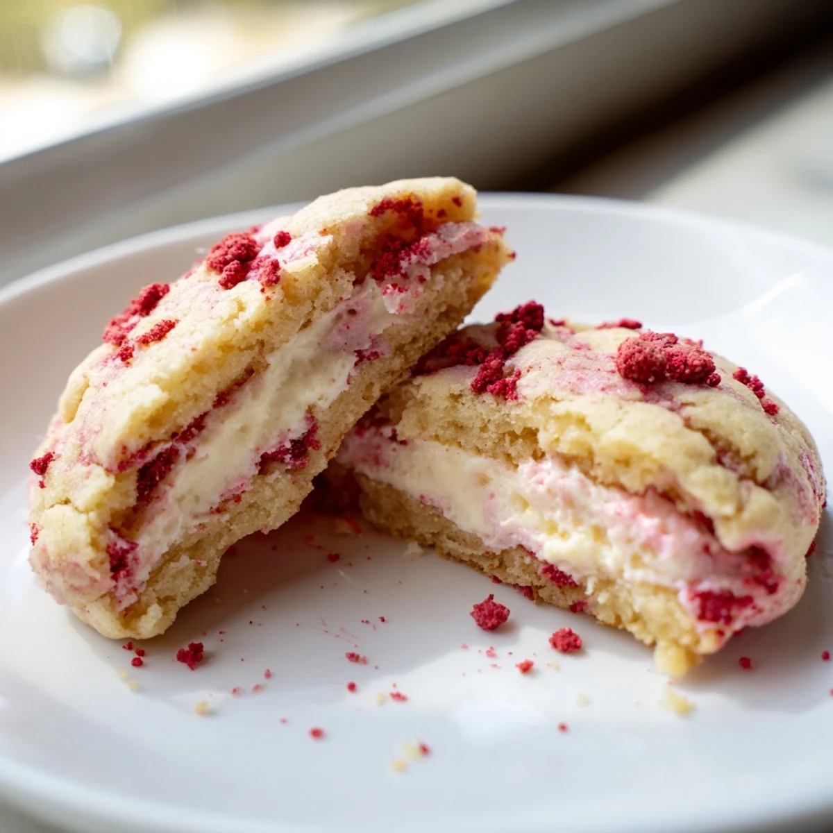 Soft strawberry cheesecake cookies with pink-flecked dough and creamy centers on rustic bakeware