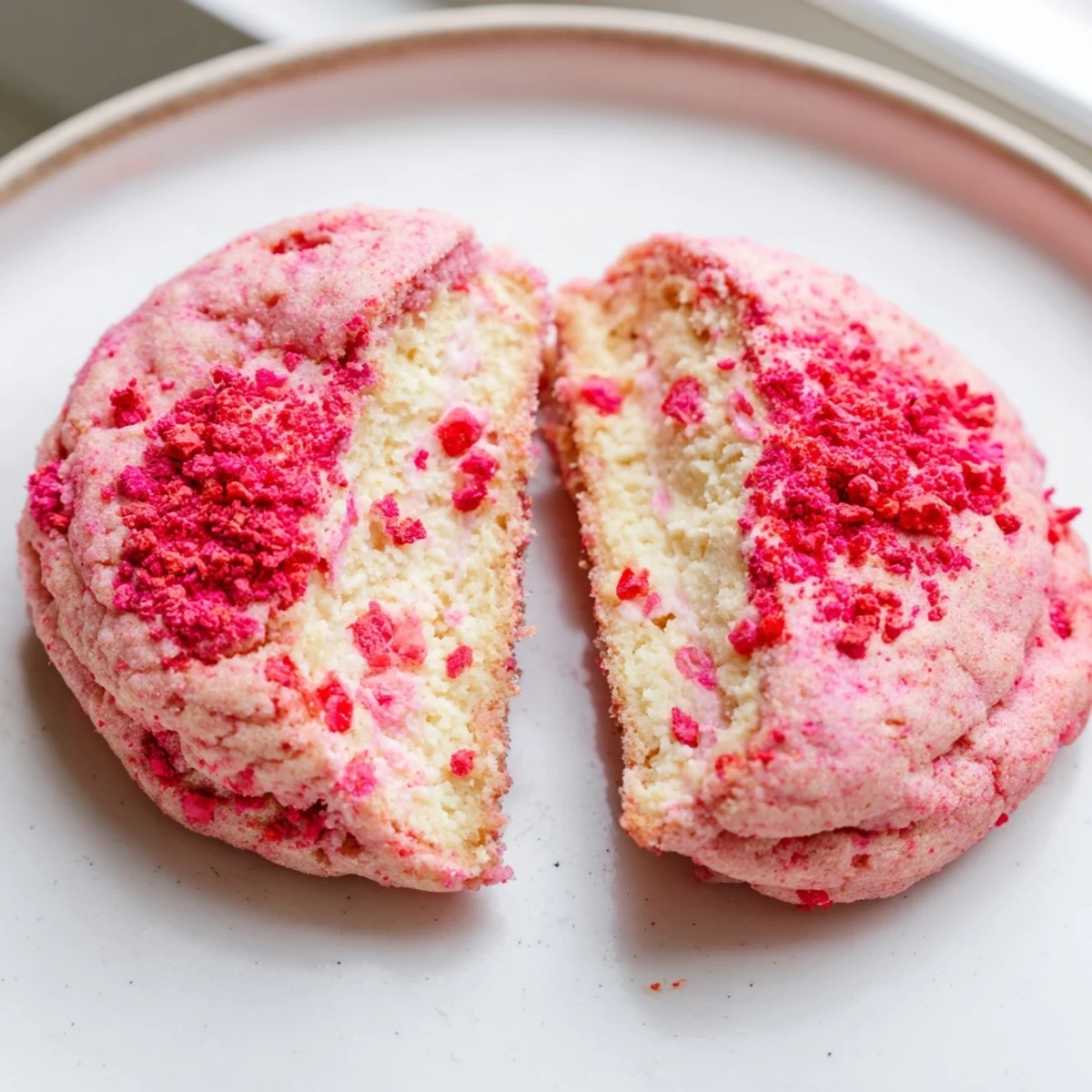 Golden-baked strawberry cheesecake cookies revealing rich cream cheese filling inside tender pink-speckled dough