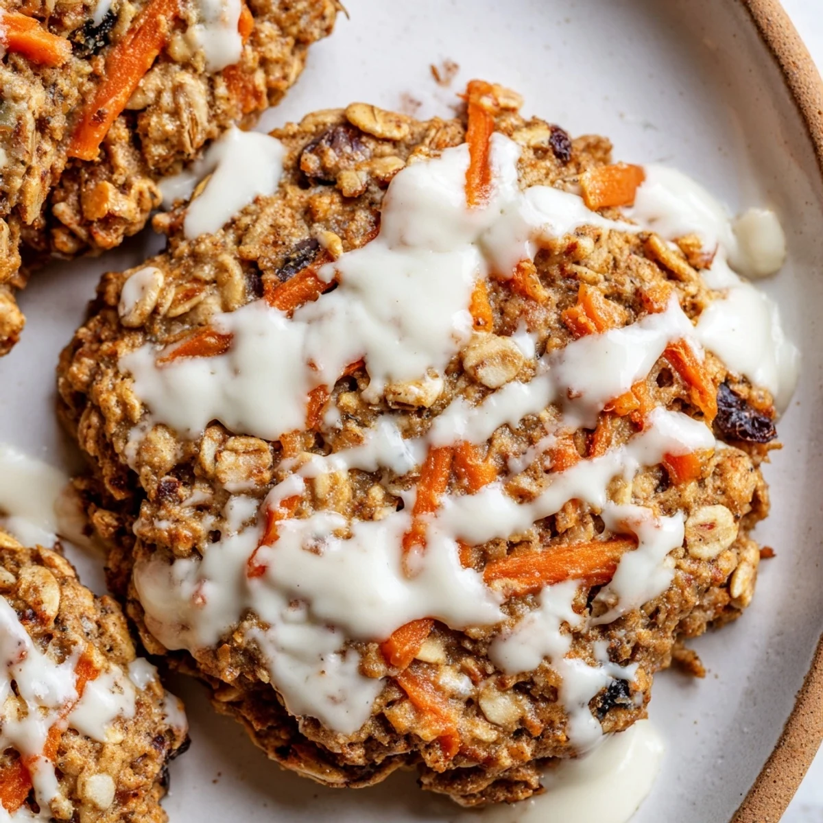 Soft carrot cake cookies with sweet cream cheese drizzle on rustic wooden board