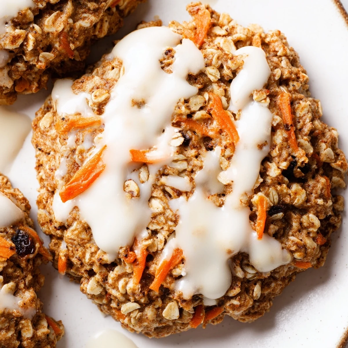 Golden spiced carrot cake cookies topped with creamy white glaze ready to serve