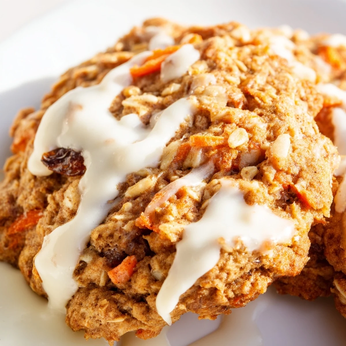 Chewy carrot cake cookies studded with walnuts and raisins cooling on wire rack