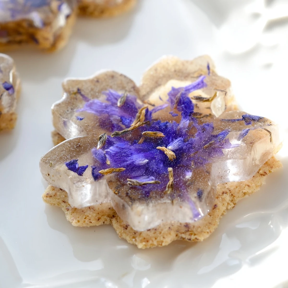 Elegant Earl Grey stained glass floral cookies display translucent candy centers with delicate edible flower petals embedded inside