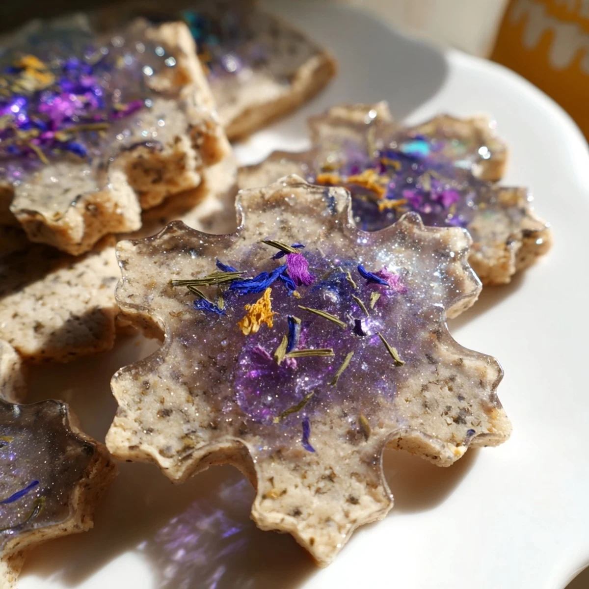 Beautiful Earl Grey stained glass floral cookies arranged on a vintage ceramic plate for elegant afternoon tea serving