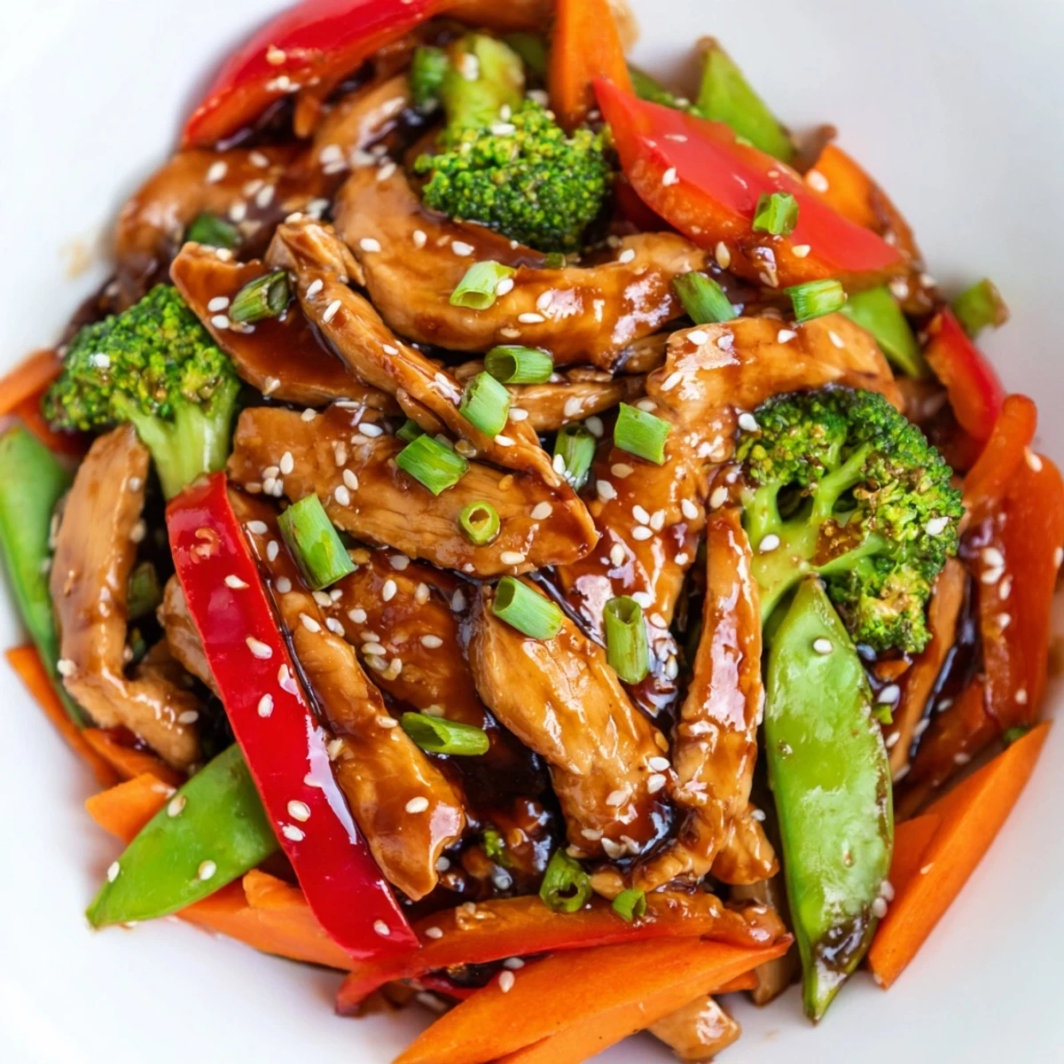 Sesame soy chicken stir fry in a wok with colorful crisp vegetables and glossy sauce