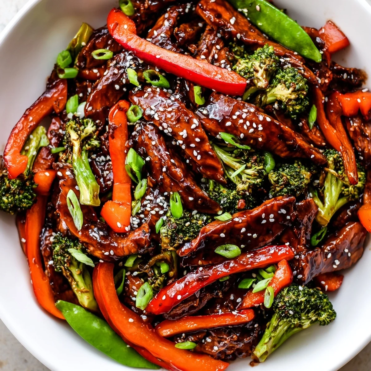 Tender sesame soy chicken stir fry garnished with sesame seeds and fresh green onions