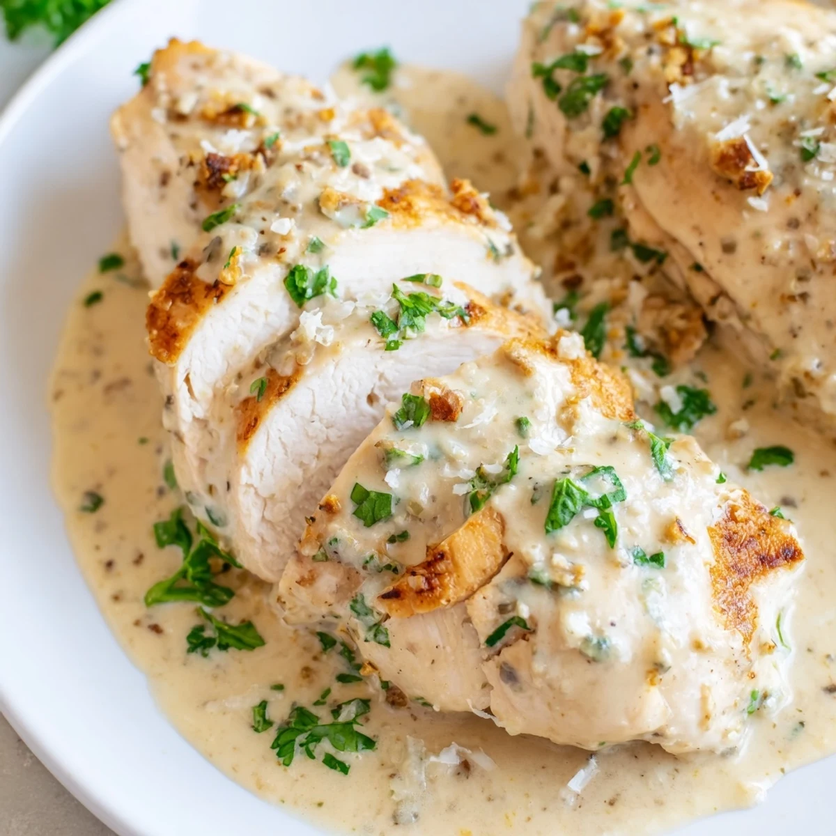 Creamy garlic chicken in golden skillet with velvety white Parmesan sauce and fresh parsley garnish