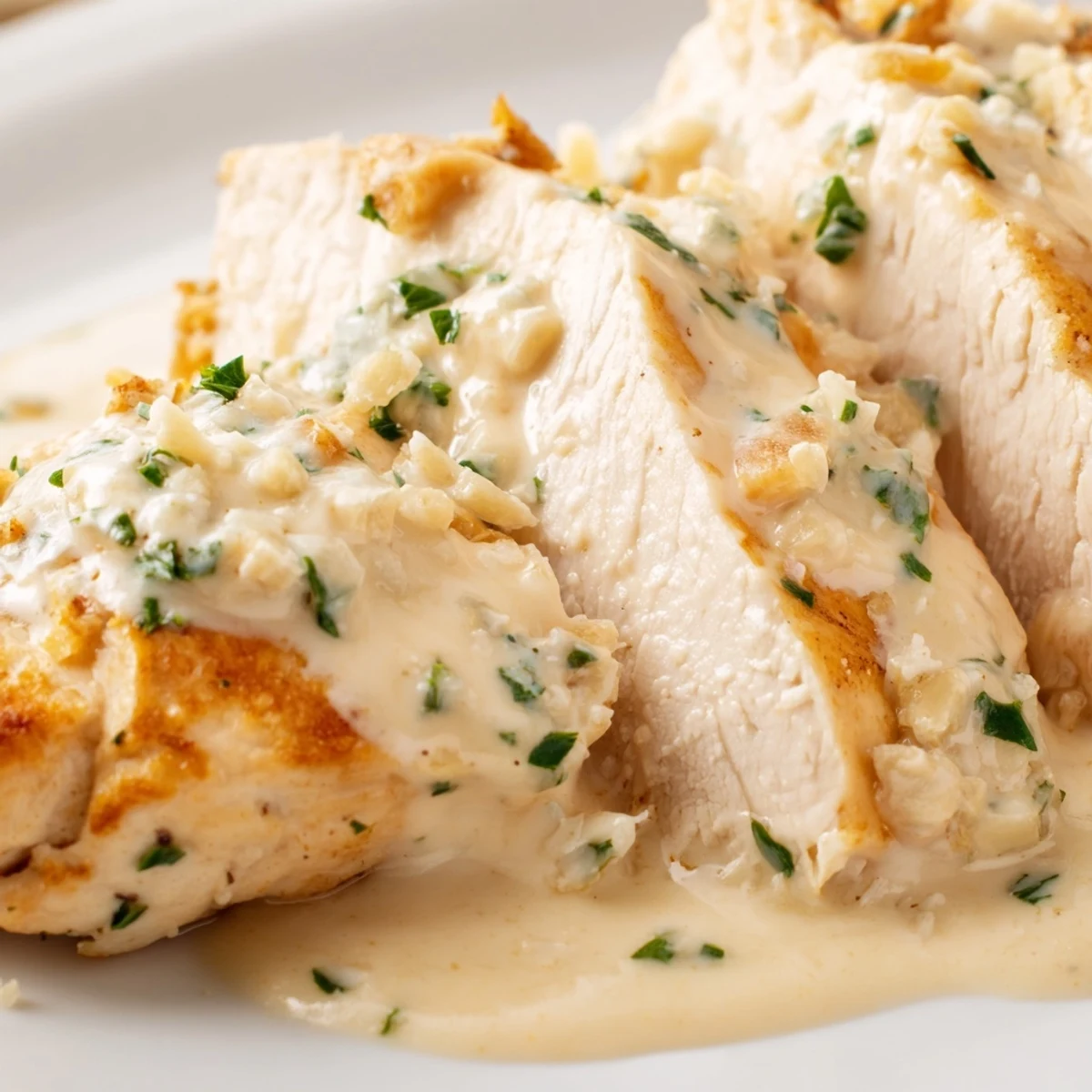 Tender creamy garlic chicken breasts smothered in rich garlic butter sauce on white dinner plate
