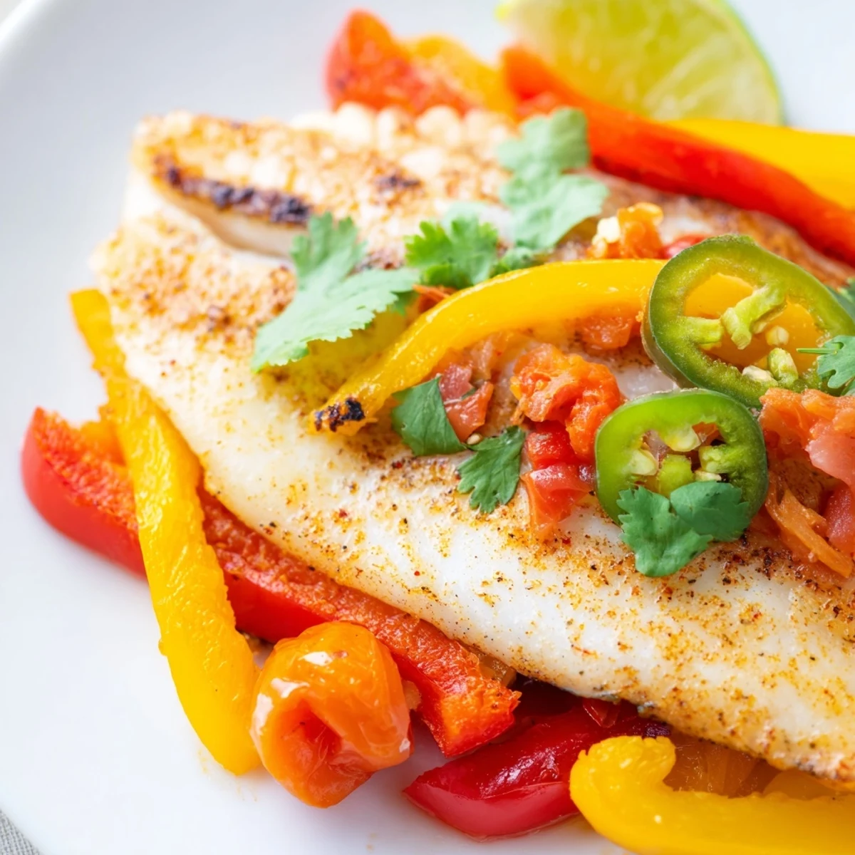 Golden tilapia fillets nestled in spicy roasted pepper skillet with vibrant red and yellow strips