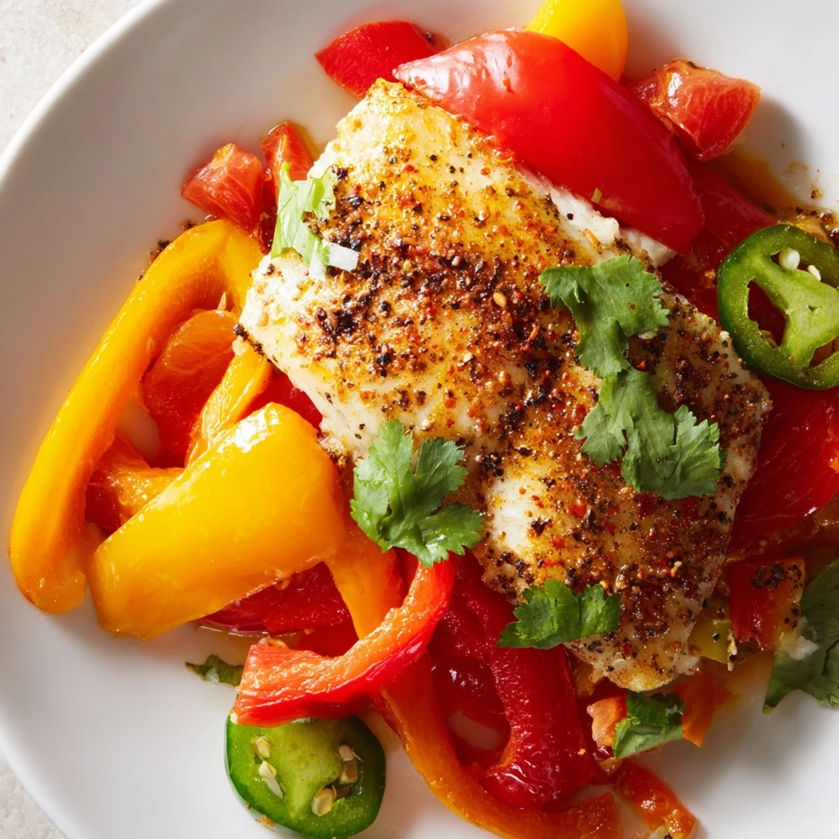 Spicy roasted pepper tilapia skillet topped with fresh cilantro and drizzled lime juice