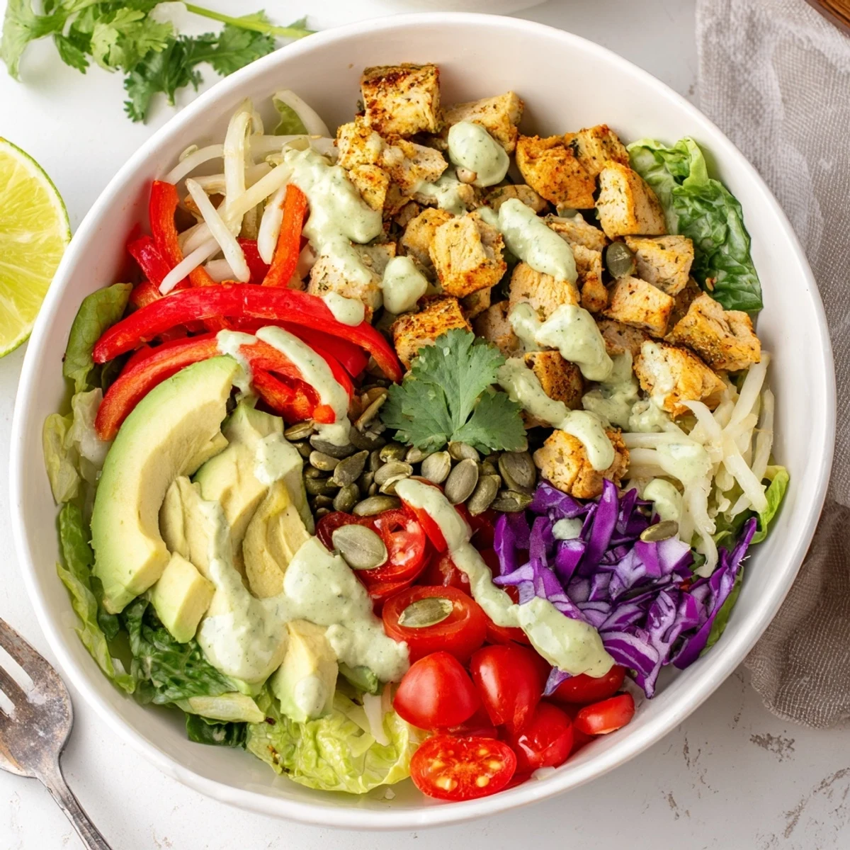 Colorful keto bowls loaded with fresh vegetables and tender spiced chicken topped with creamy avocado dressing