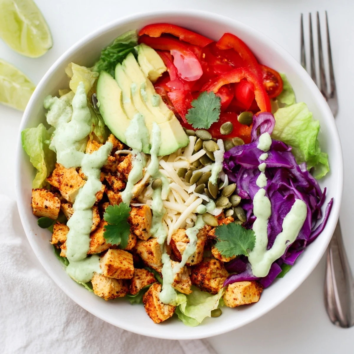 Crisp lettuce base topped with seasoned chicken and vibrant vegetables in these satisfying keto bowls