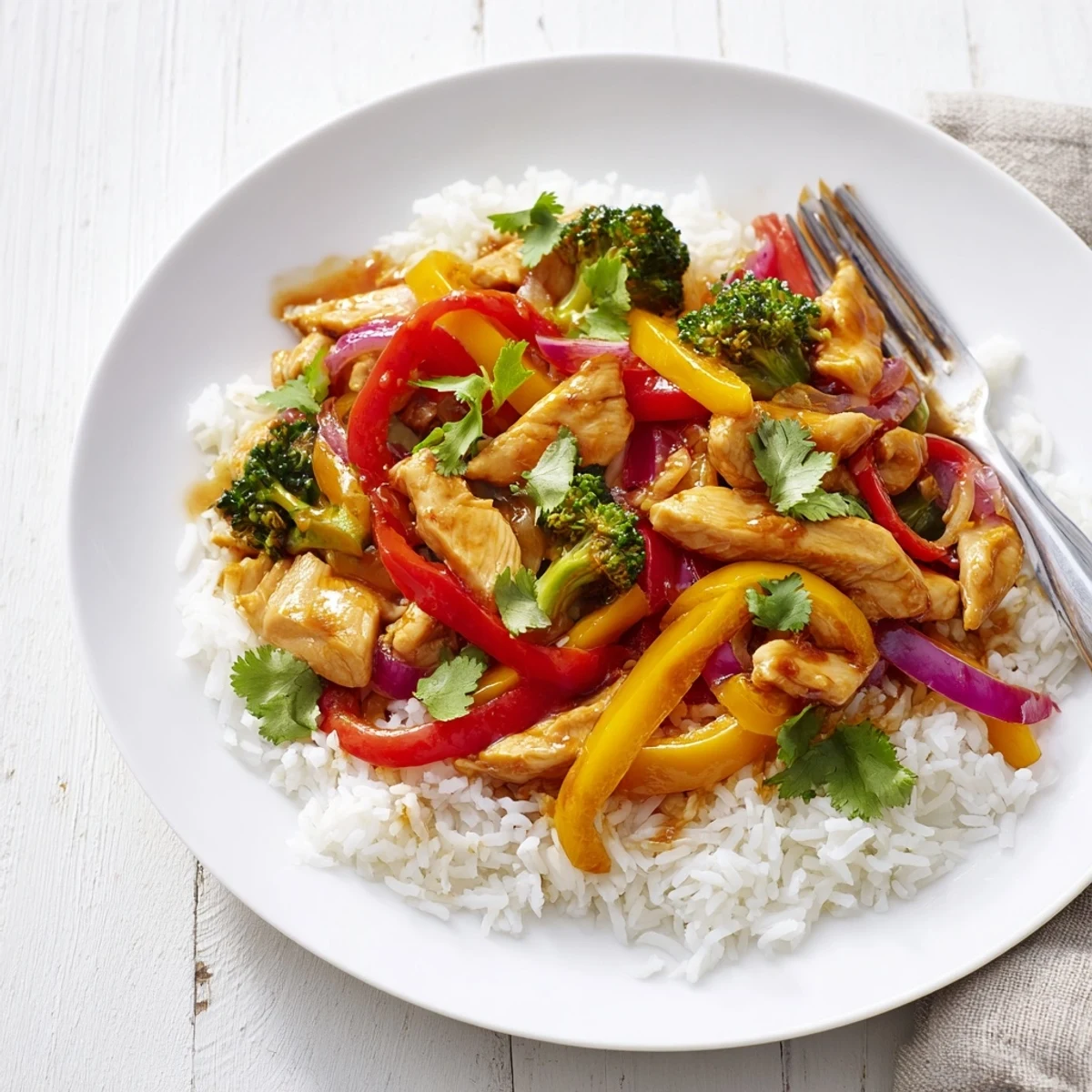 Quick flavorful weeknight meal sizzling in a wok with colorful bell peppers and tender chicken