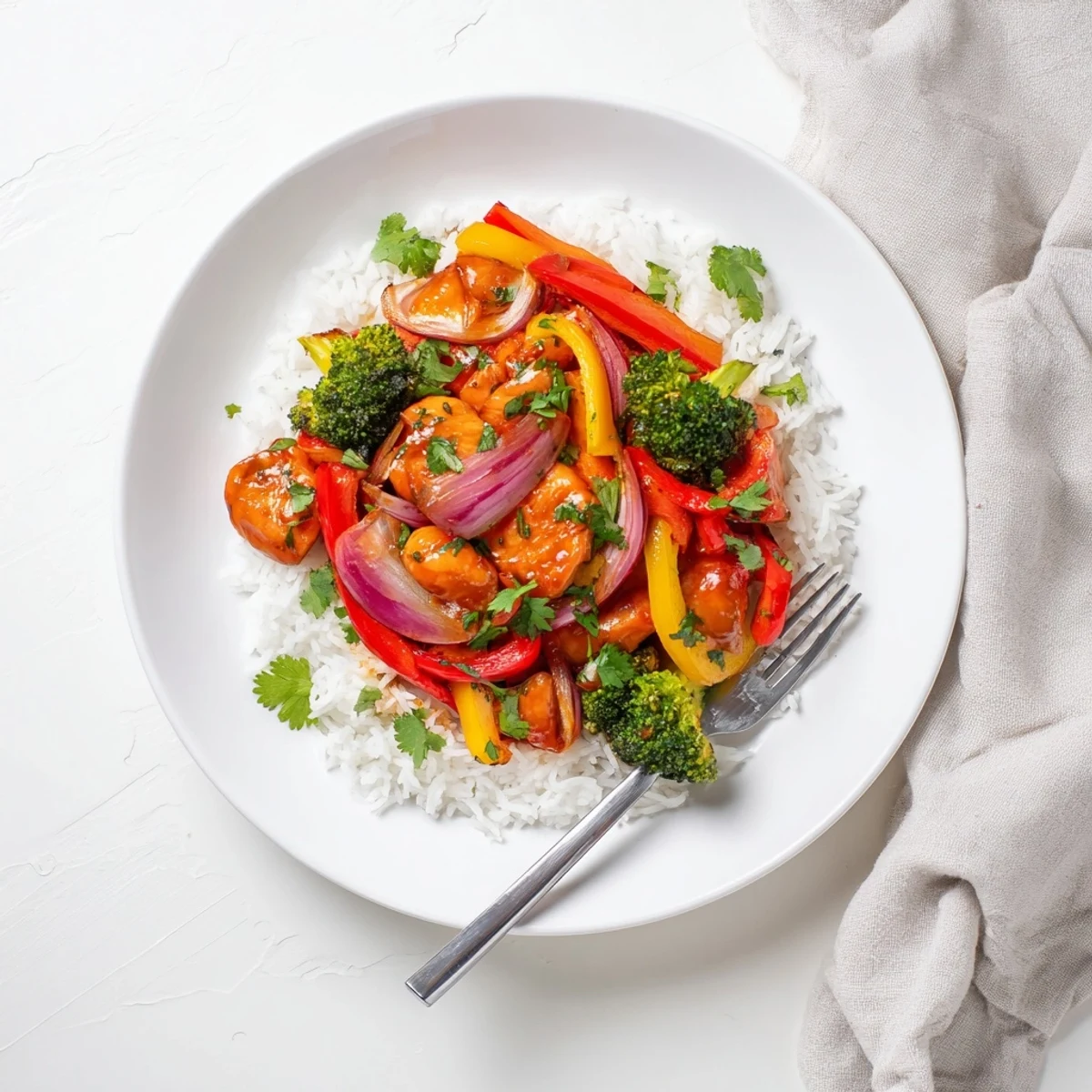 Colorful vegetable and chicken stir fry quick flavorful weeknight meal served over fluffy white rice