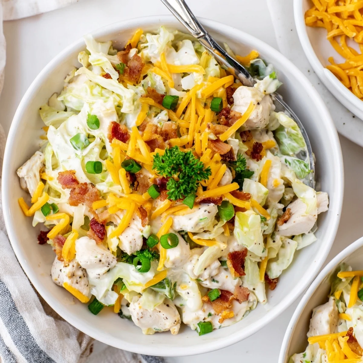 Creamy chicken bacon ranch cabbage bowls with tender meat and crispy bacon in white sauce