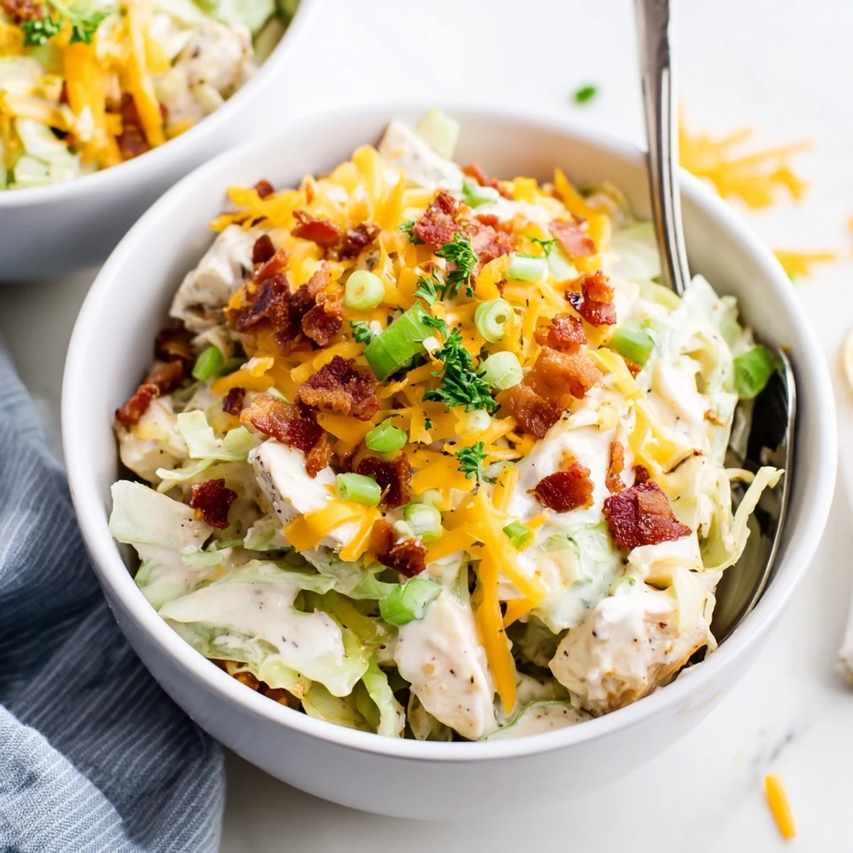 Golden skillet of chicken bacon ranch cabbage bowls topped with fresh parsley garnish