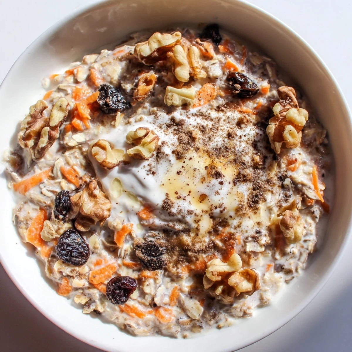 Creamy carrot cake overnight oats in a mason jar topped with chopped walnuts and cinnamon