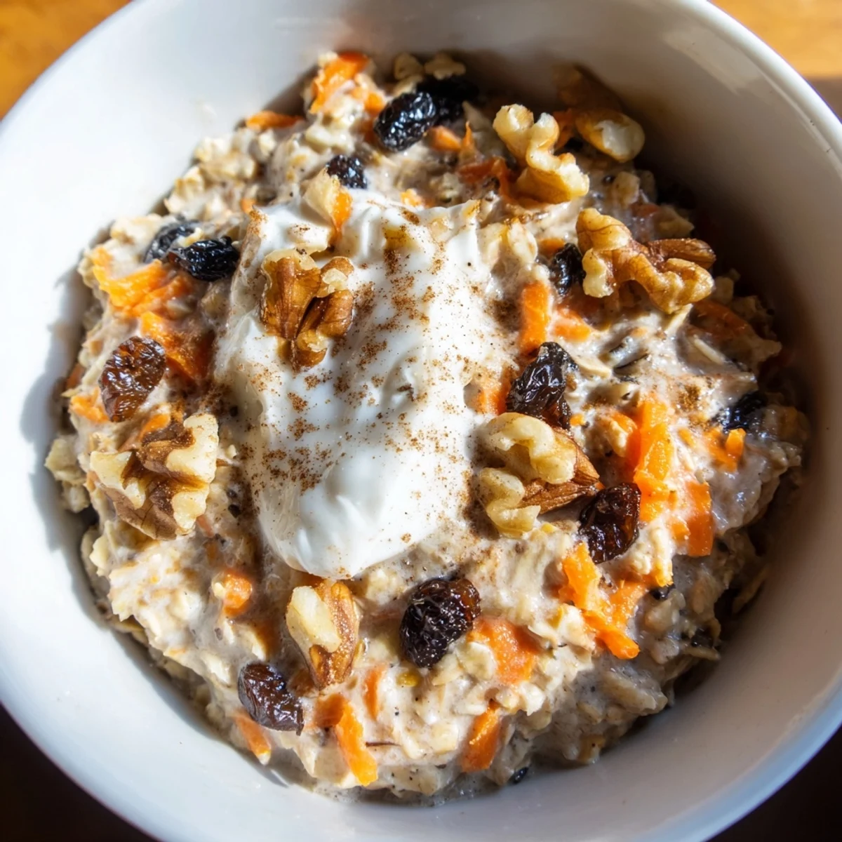 Carrot cake overnight oats with visible grated carrots, raisins, and a sprinkle of nutmeg
