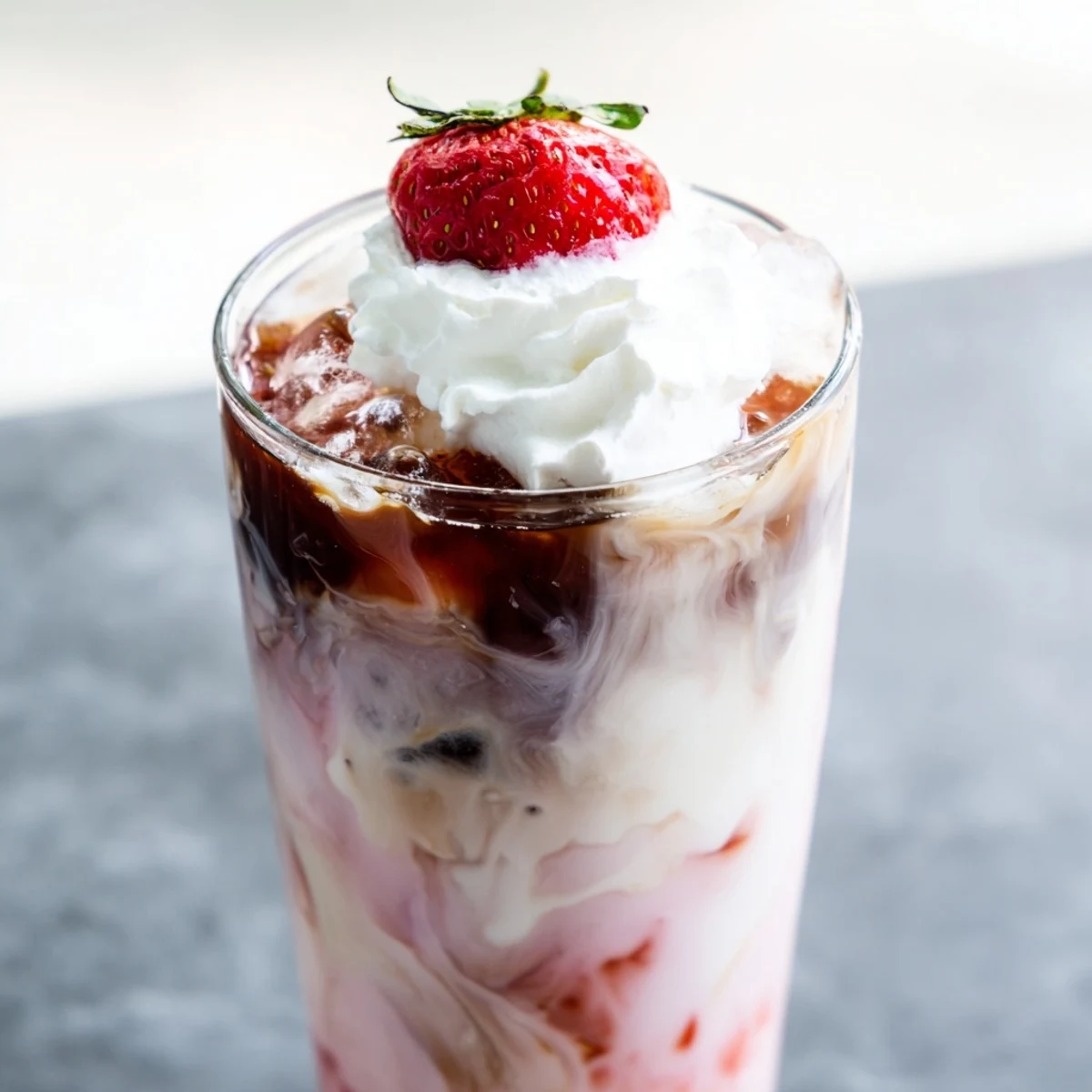 Creamy strawberry cold latte in a tall glass with whipped cream topping and fresh berry garnish