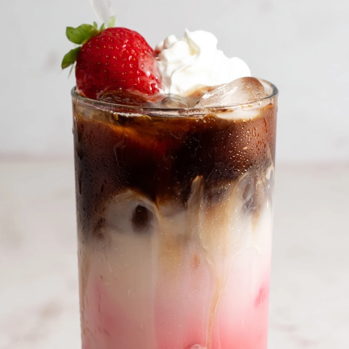 Iced strawberry cream latte with rich espresso layers swirled into sweet pink strawberry milk