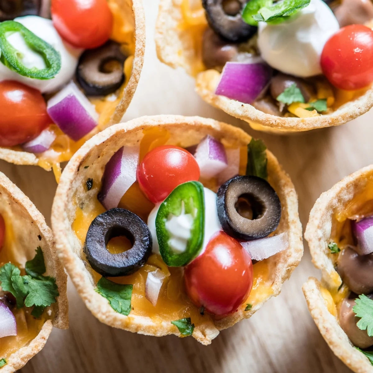 Crispy cheesy nacho cups bubbling with melted cheddar and colorful fresh toppings arranged in muffin tin