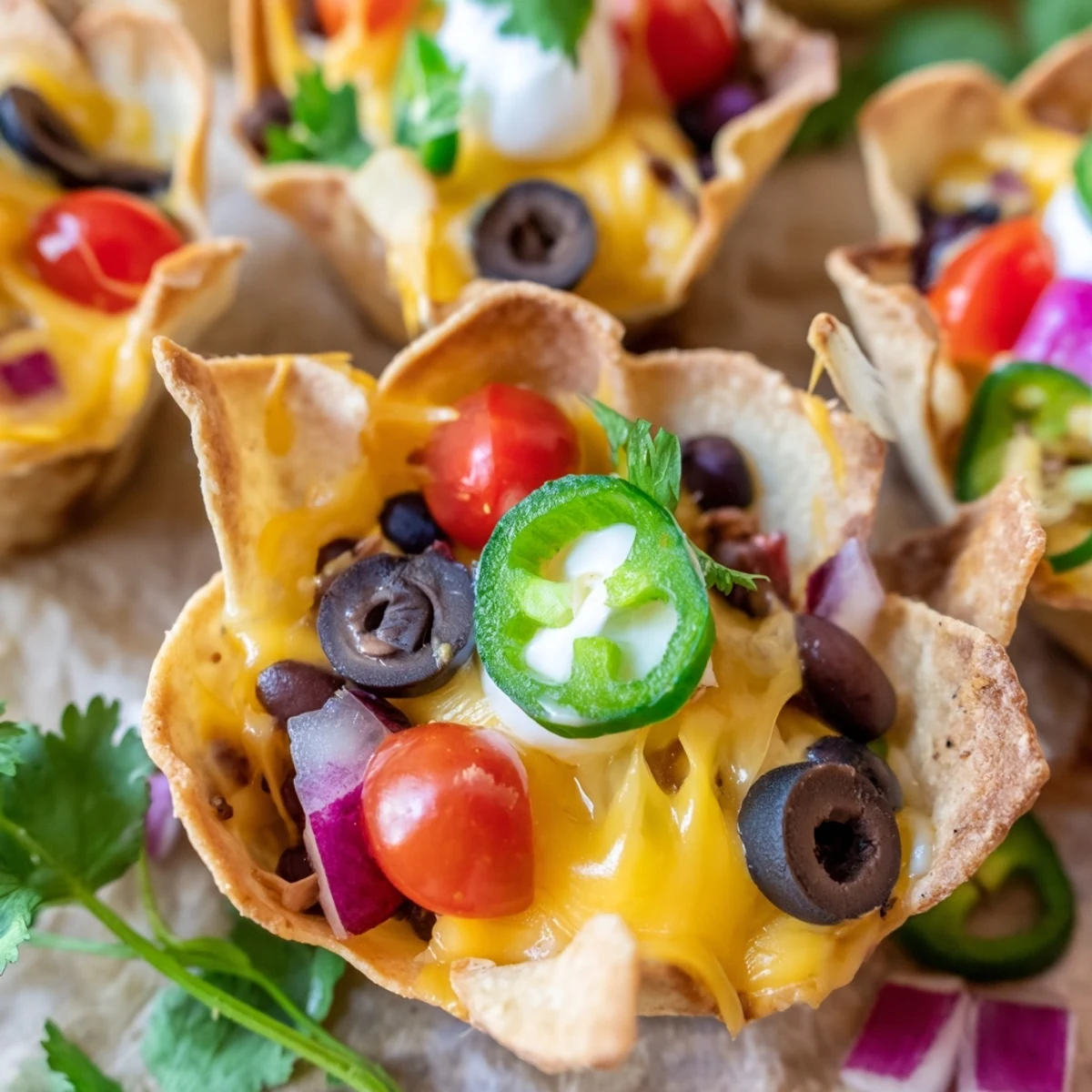 Golden tortilla cups filled with gooey melted cheese, black beans, and vibrant jalapeño slices ready to serve