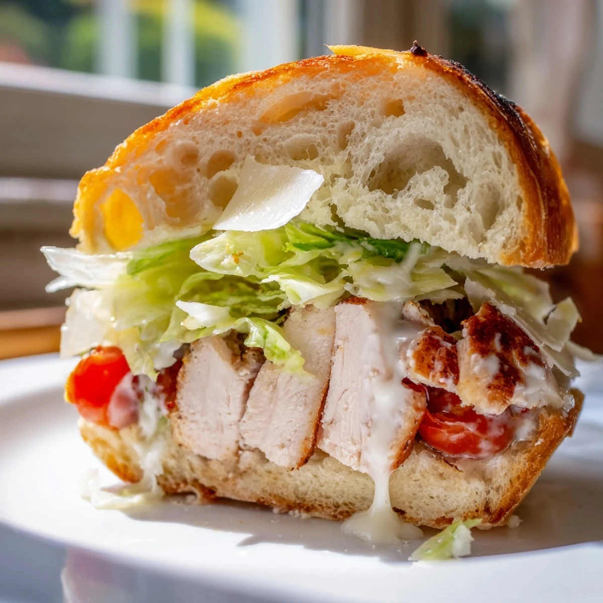 Toasted Chicken Caesar Sandwich layered with shaved Parmesan, fresh lettuce, and homemade creamy garlic dressing