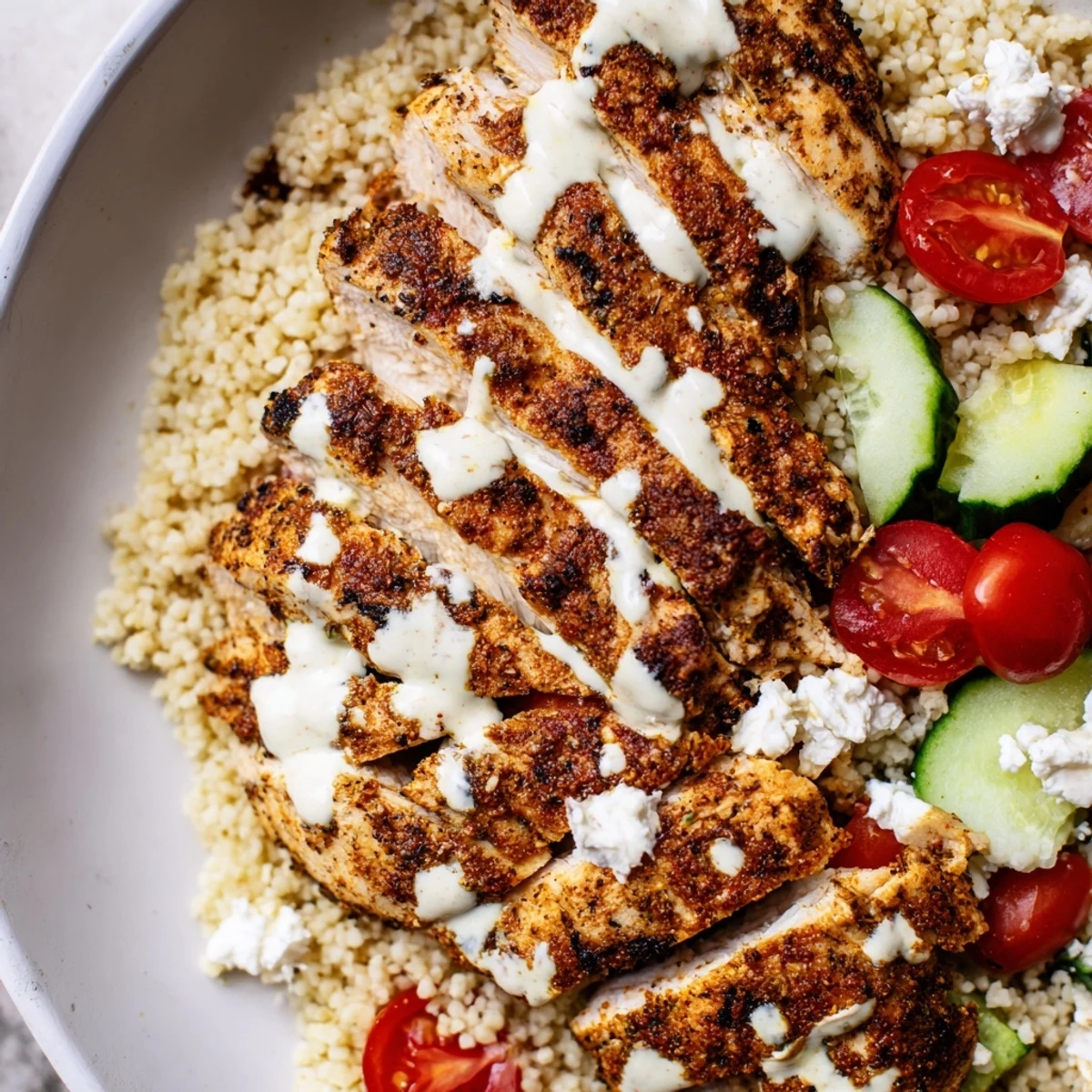 Golden Mediterranean chicken couscous bowl topped with fresh vegetables and creamy tahini drizzle