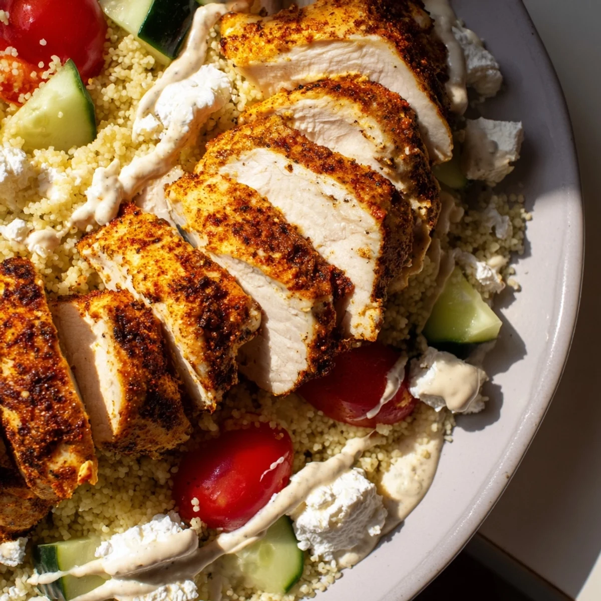Fluffy couscous paired with spiced chicken, crisp cucumbers, tomatoes, and zesty lemon sauce