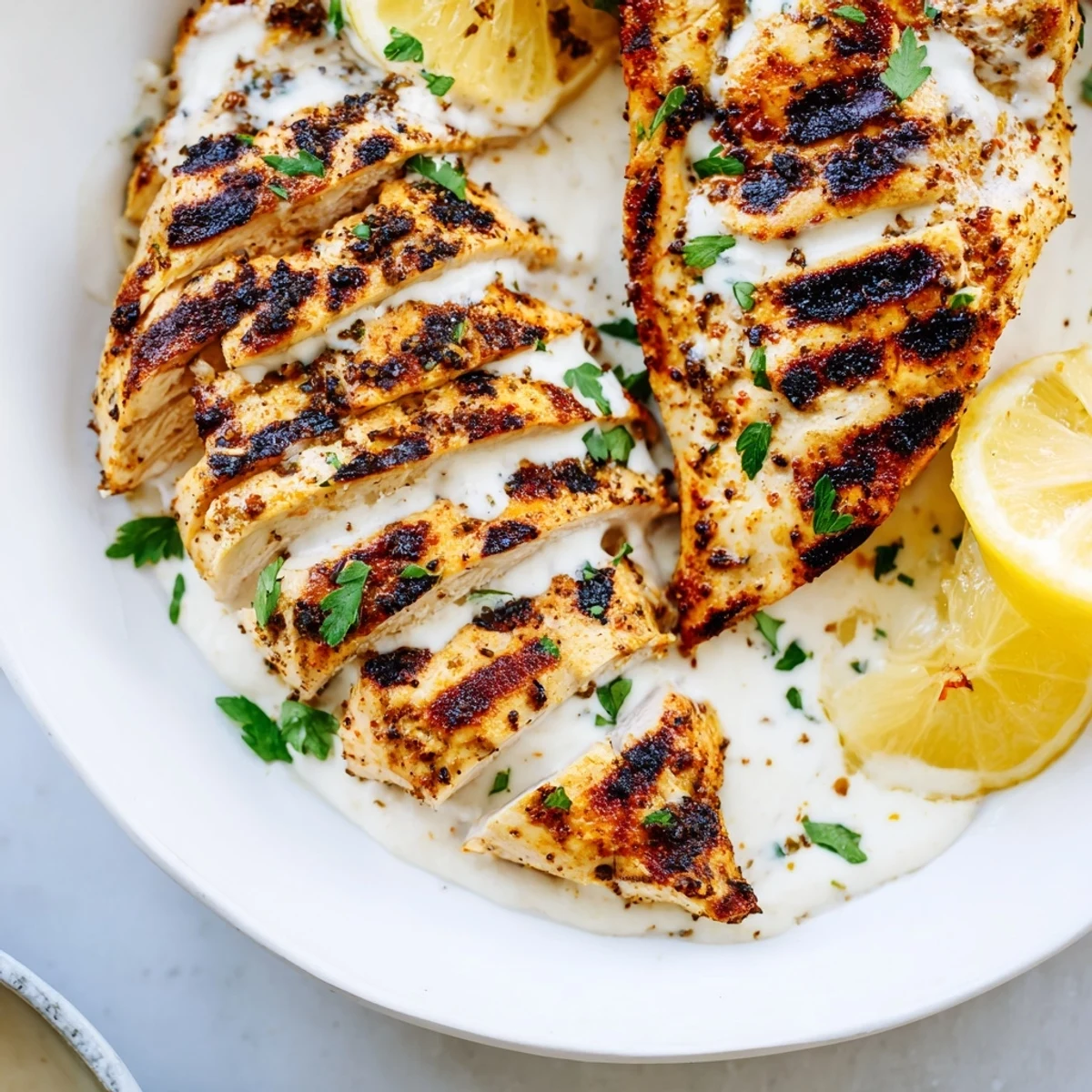 Golden Greek yogurt marinated chicken with charred grill marks on a white plate